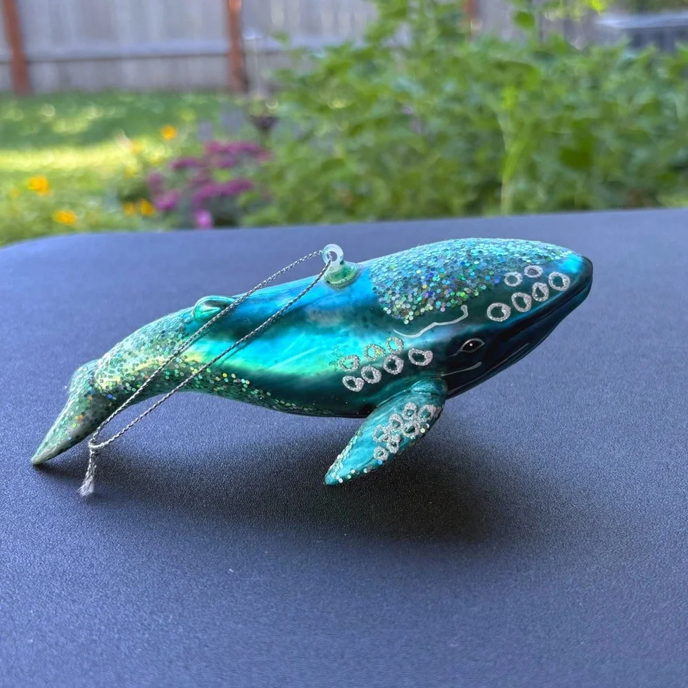 Blown Glass Humpback Whale Ornament Teal Turquoise Glitter Nautical‎ Christmas